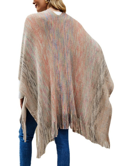 Striped Cape Fringed Cardigan Shawl
