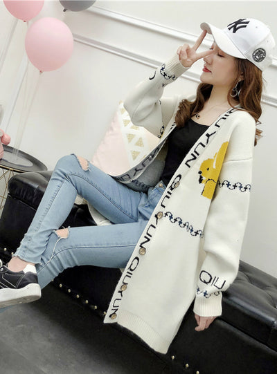 Long Sleeve Mid-Length Knitted Cardigan Thick Coat 