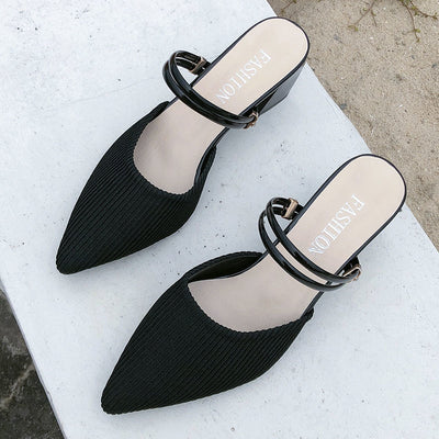 Pointed Thick-heeled Slippers