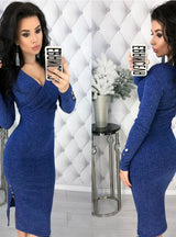 Deep V Neck Long Sleeve Bodycon Knitted Sweater Dress
