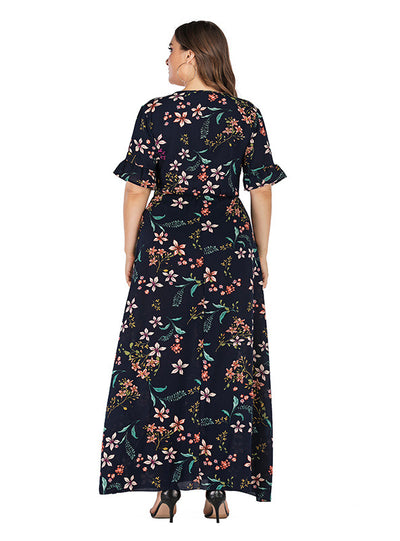 Ladies V-neck Printed Trumpet Sleeve Dress
