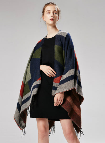 Jacquard Geometric Tassel Matching Contrast Split Cloak