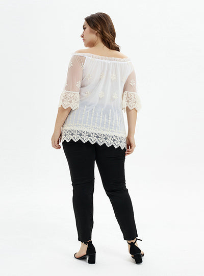 Medium-Long Sleeve Mesh Embroidered Top