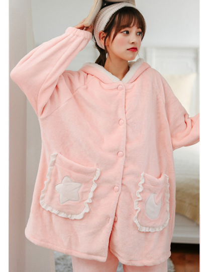 Pink Pocket Star Moon Long Sleeve Winter Sleepwear