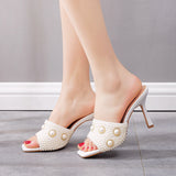 Square Pearl Beaded Chain High Heel Slippers