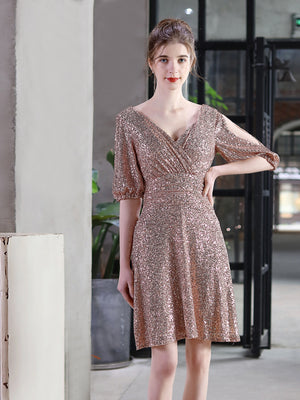V-neck Short Sleeve Sequins Party Dress