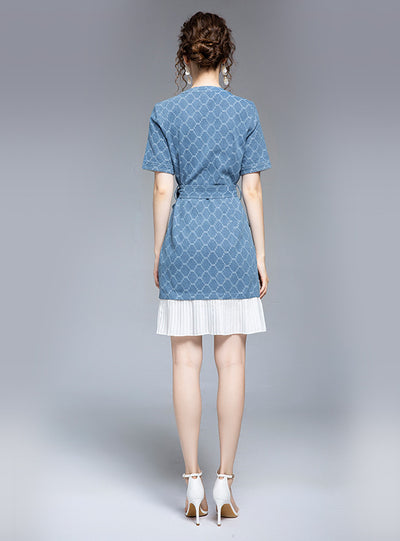 Spliced Pleated Lace Check Denim Dress