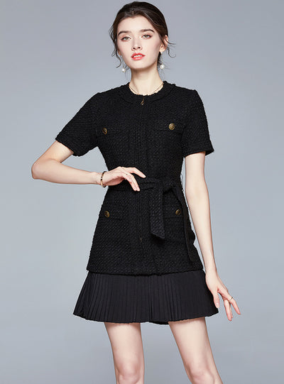 Tweed Waist Short Sleeve Pleated Dress