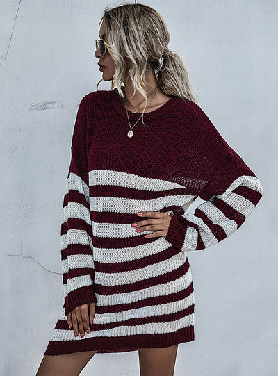 Pullover Sweater Round Neck Striped Knit Dress