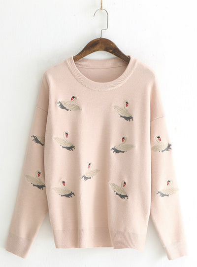 Sweater Pullover Embroidered Little Swan Knitwear