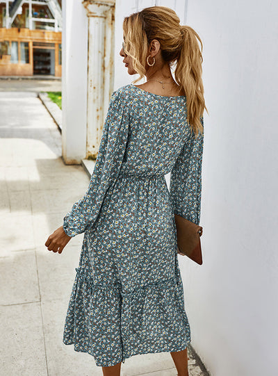 Long Sleeve Elegant Ladies Flower Square Collar Dresses