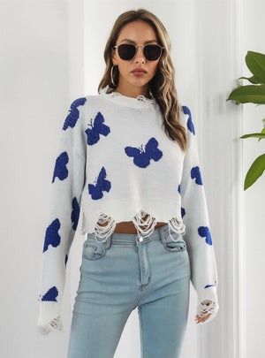 Women Torn Butterfly Jacquard Sweater
