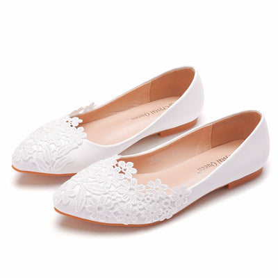 White Pointy Casual Flat Shoes Lace Wedding Shoes