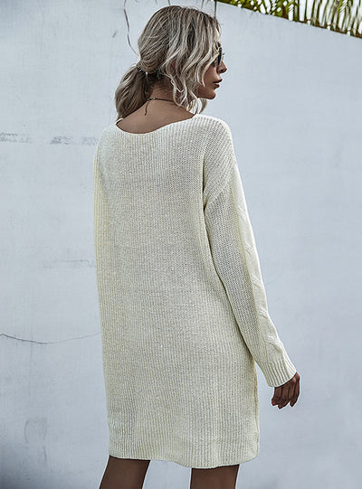 V-neck Pullover Casual Long Sweater Dress