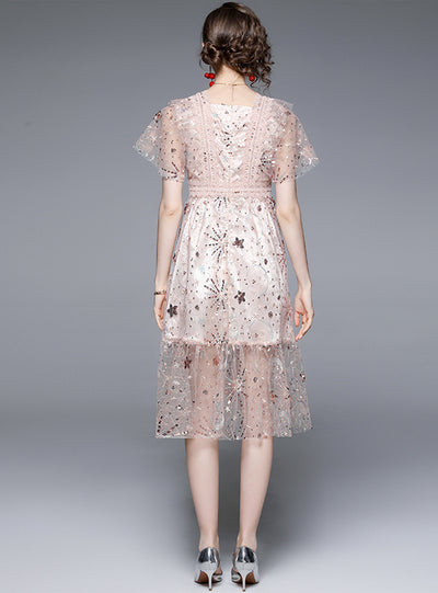 Heavy Embroidery Lace Mesh Stitching Dress
