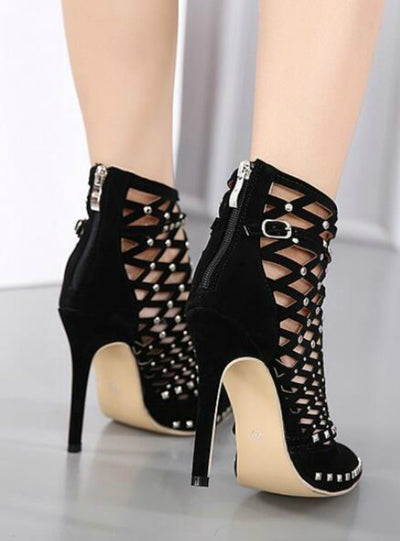Sandals Rivet Studded Cut Out Caged Ankle Boots Stiletto 