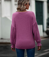 Round Neck Pleated Lantern Sleeve T-shirt