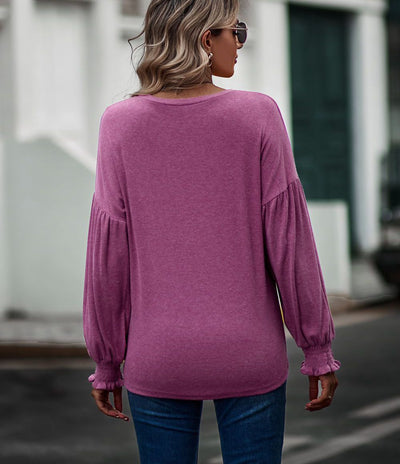 Round Neck Pleated Lantern Sleeve T-shirt