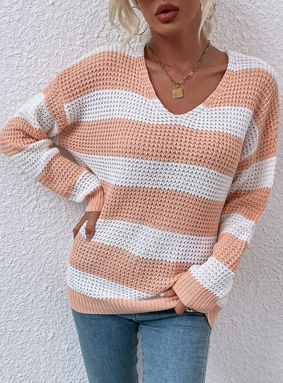 V-neck Striped Stitching Waffle Sweater
