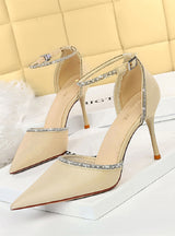 Heel Satin Shallow Pointed Rhinestone Sandals