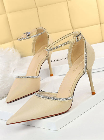 Heel Satin Shallow Pointed Rhinestone Sandals