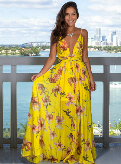 Boho V-Neck Sleeveless Party Beach Floarl Print Maxi Dress