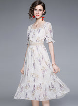 Retro Floral Square Collar Bubble Sleeve Dress