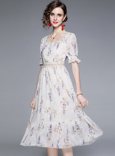 Retro Floral Square Collar Bubble Sleeve Dress