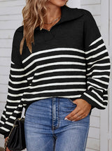 Color Matching Striped Lantern Sleeve Sweater