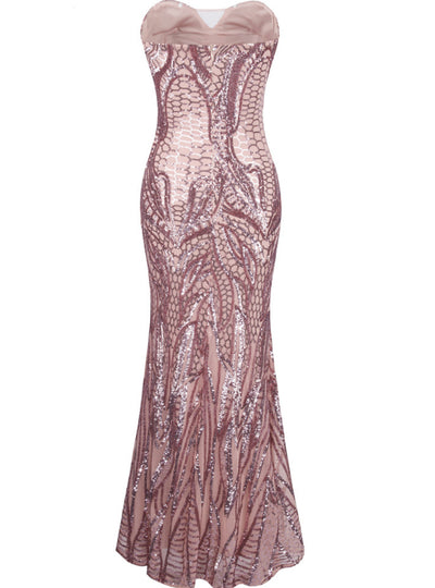 Pink Flapper Sequined Mermaid Long Evening Dress