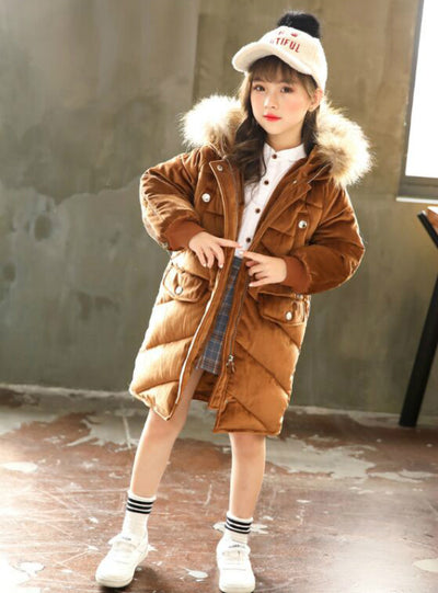 Long Velvet Winter Jacket Girls' Cotton-Padded 