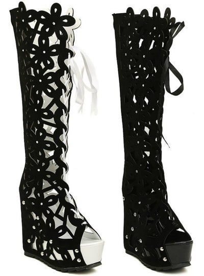 Womens Heels Black Knee High Boots Sexy Peep Toe