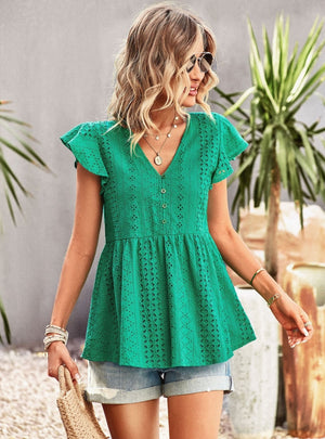 Solid Color V-neck Hollow Shirt