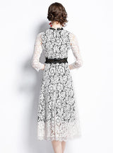Hollow Round Neck Lace Long Sleeve Dress