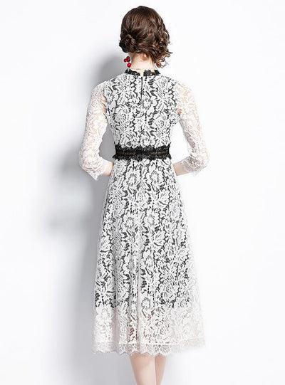 Hollow Round Neck Lace Long Sleeve Dress
