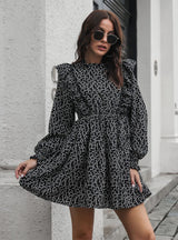 Ruffled Wood Ear Collar Long Sleeve Printed Dress