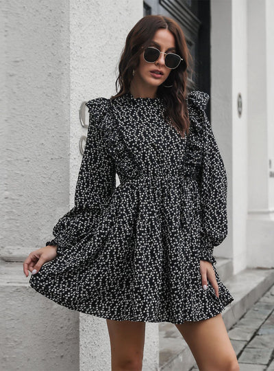 Ruffled Wood Ear Collar Long Sleeve Printed Dress
