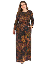 Printed Round Neck Long Sleeve Pocket Dress