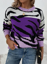 Round Neck Color Matching Tiger Print Sweater