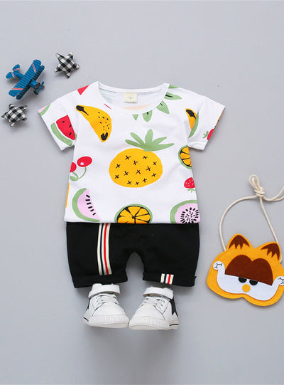 Cartoon Printed Fruit Short Sleeve T shirt+Pants Boy Suit