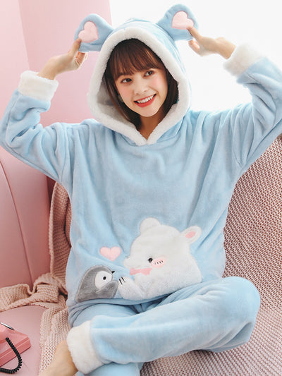 Blue Penguin Polar Bear Pajamas Female Coral Fleece Thick