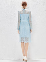 Blue Long Sleeve Heavy-duty Lace Dress