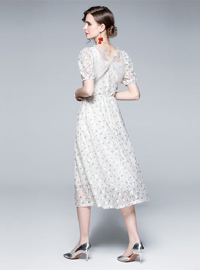 V-neck Lace Bubble Sleeve Vintage Dress