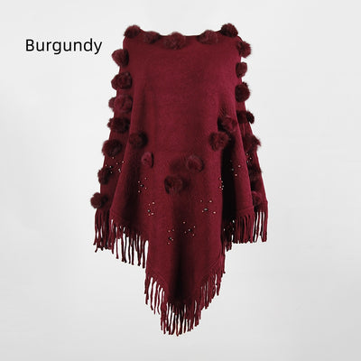 Fringe Fur Ball Beaded Round Neck Sweater Cloak