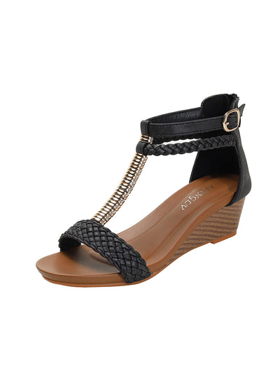 Woven Back Zipper Wedge Sandals