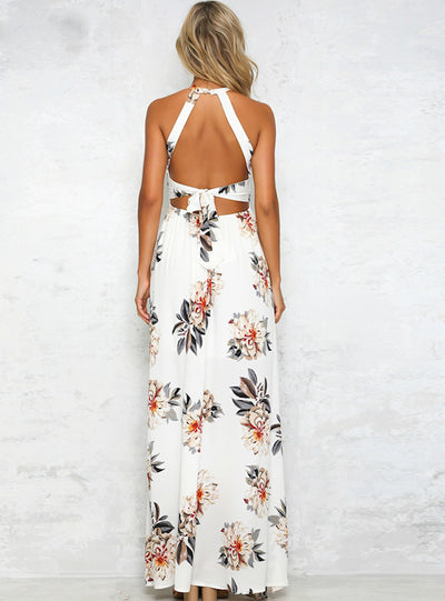 Floral Maxi Print Halter Chiffon Backless Long Dress  