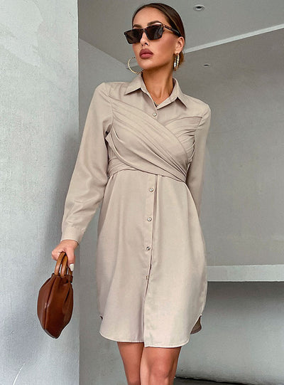 Wrapped Long Sleeve Lapels Dress