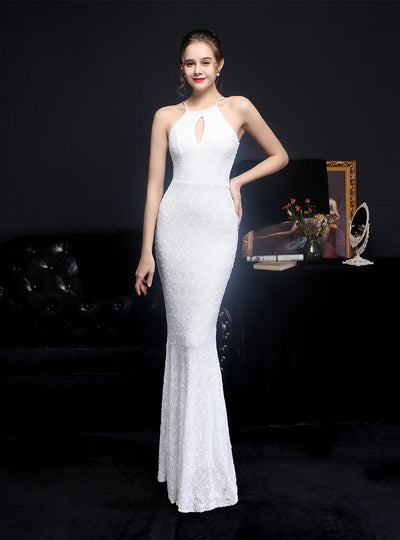 Long Halter Sequined Fishtail Evening Dress