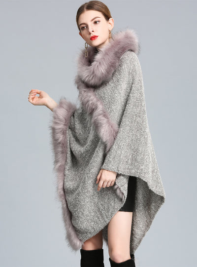 Knitted Pullover Imitating Fox Fur Collar Shawl Cape