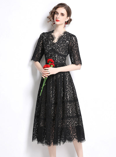 V-neck Short Sleeve Lace Dress